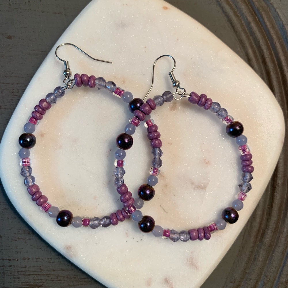 Purple beaded earrings/ fish hook closure